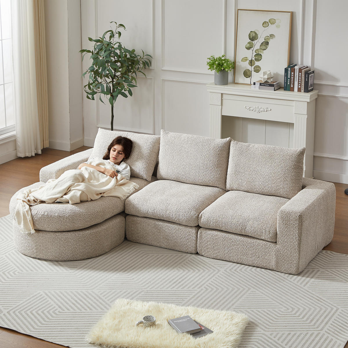 SCHLAFSOFA aus Chenille mit Liegestuhl, 2-teilig - Beige, Textil (322.5/81.2/217.7cm)