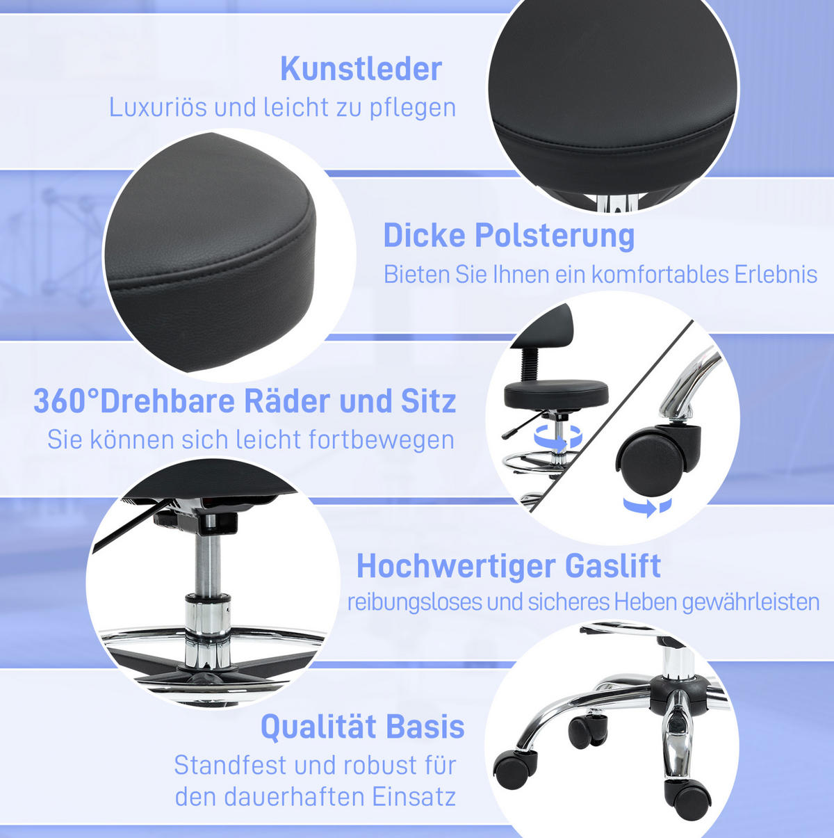DREHSTUHL 52/52/78-92 cm schwarz aus Kunstleder höhenverstellbar - Schwarz, Leder (52/92/52cm) - OKWISH