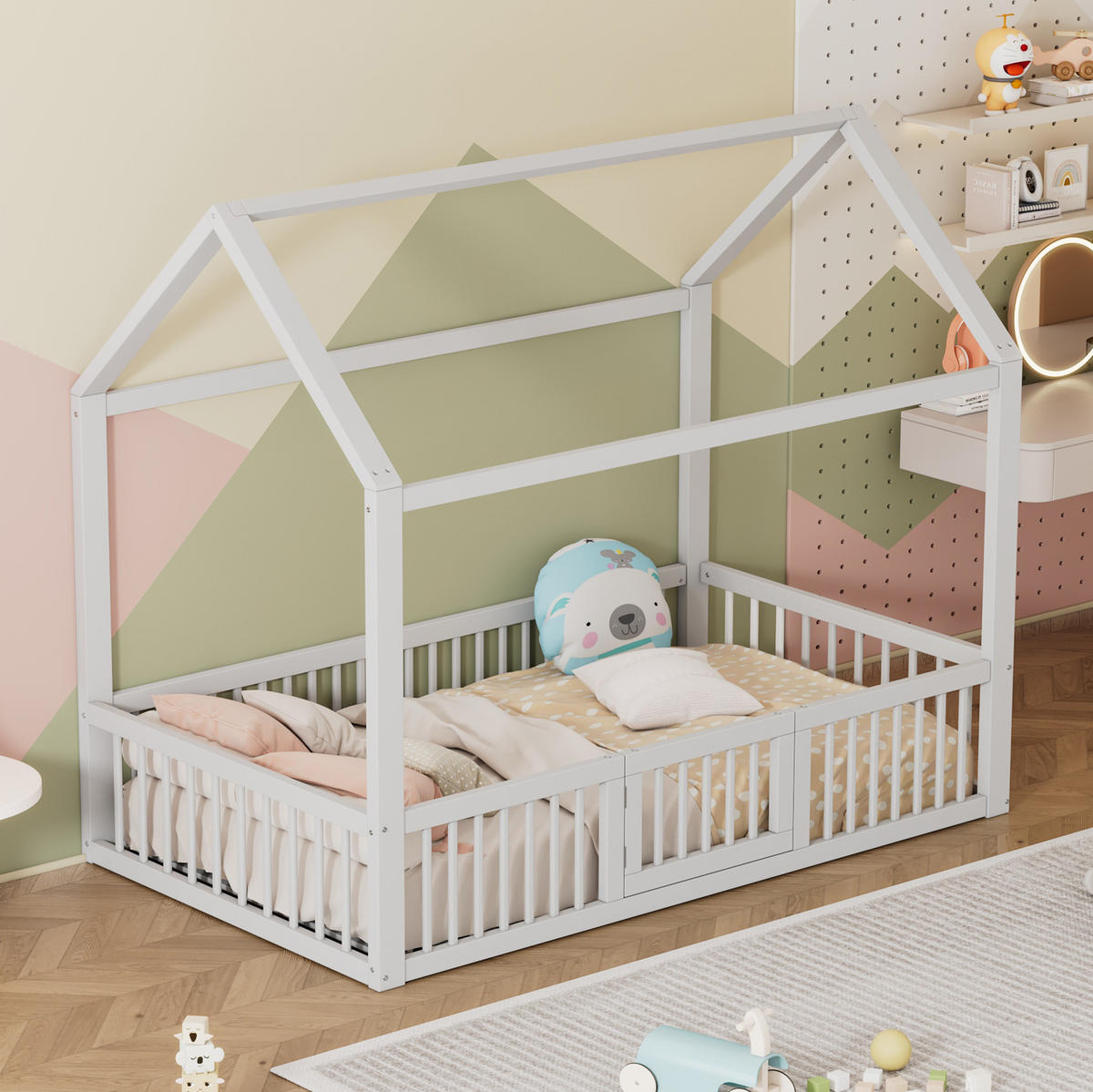 HAUSBETT 90/200 cm in Weiß – aus Kiefernholz mit Dach und Türchen - Weiß, Holz (90/200cm) - BEAOK