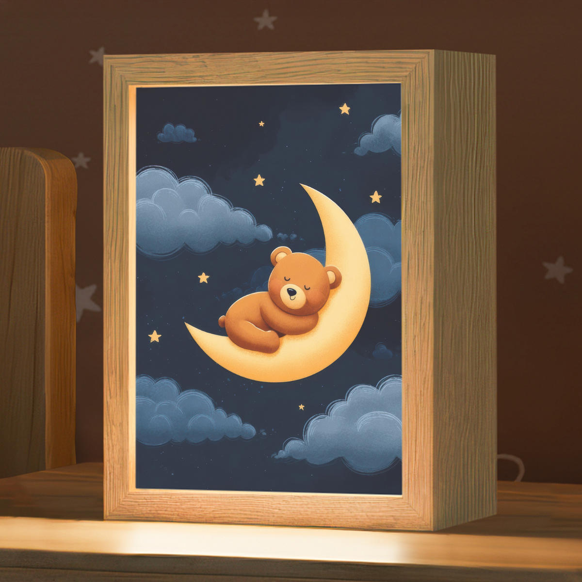 NACHTTISCHLAMPE Teddybär - Mond - Wolken - Sterne 15x20 cm - Dunkelblau, Holzwerkstoff (8/15/20cm)