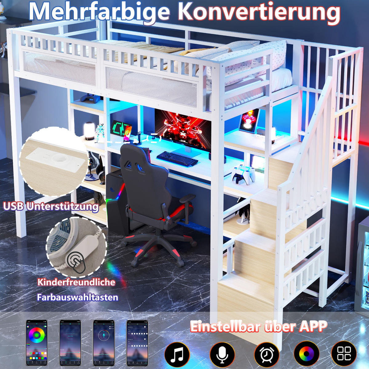 HOCHBETT 90/200 cm aus Metall mit LED-Lichtleiste, Ablagefach, Hängenetz und Kleiderstange, Weiß - Weiß, Metall (90/200cm) - Redom