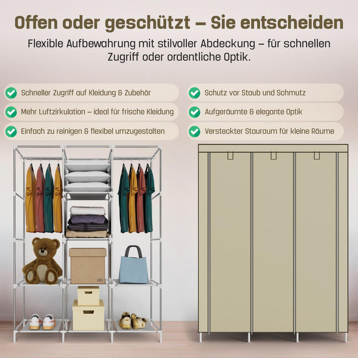 STOFFSCHRANK Kleiderschrank, 2 Kleiderstangen, 130/45/175 cm, Farbe: Beige - Beige, Textil (45/175/130cm) - Coemo