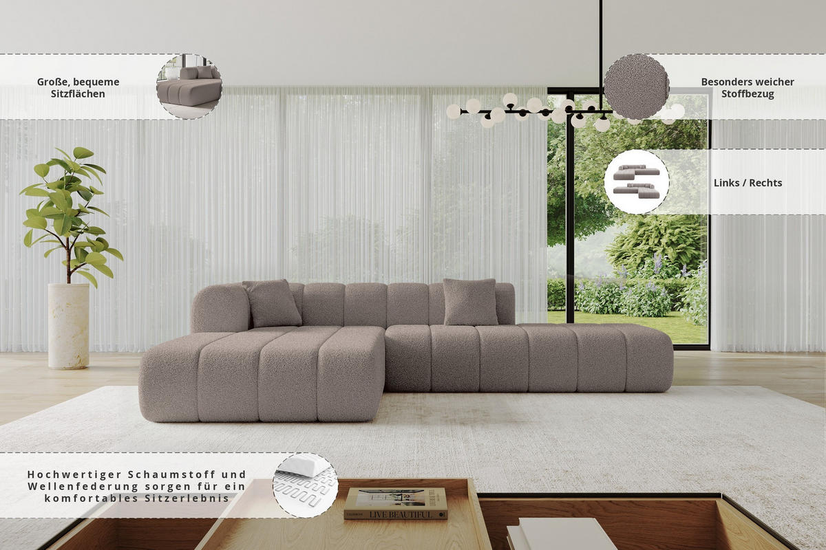 ECKSOFA Ottomane Links BILA-L 289x176x71 Braun Bouclé - Schwarz/Braun, Holzwerkstoff/Kunststoff (176/289cm) - ALTDECOR