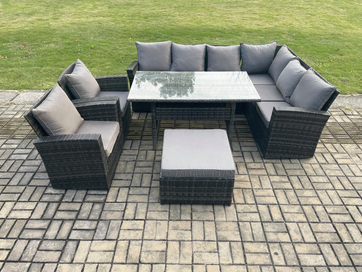 LOUNGEGARNITUR mit Esstisch Sofa Polyrattan Dunkelgrau 9-Sitzer - Dunkelgrau/Grau, Glas/Kunststoff - Fimous