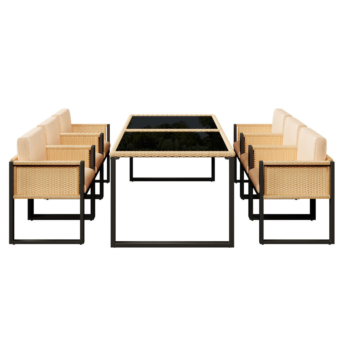 GARTEN-ESSGRUPPE 170/80/75 cm aus Polyrattan mit 6 Stühlen, Glasplatte und abnehmbaren Bezügen, Braun/Schwarz - Schwarz, Kunststoff - Redom