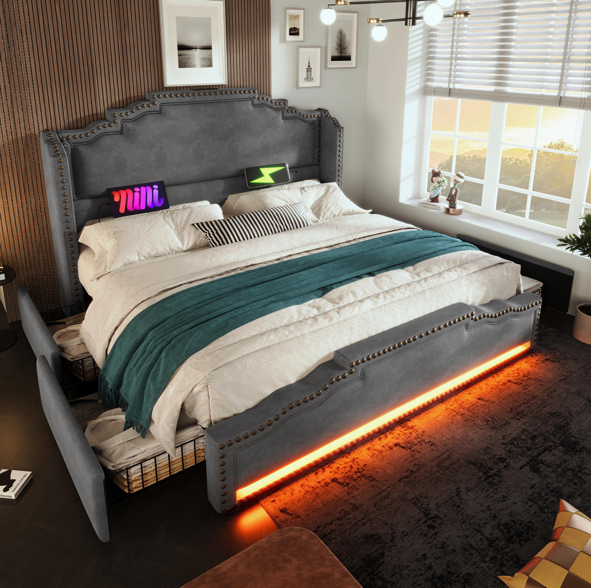POLSTERBETT mit 4 Schubladen und LED 140x200 cm Samt Grau - Grau, Metall (140/200cm) - Meubliv