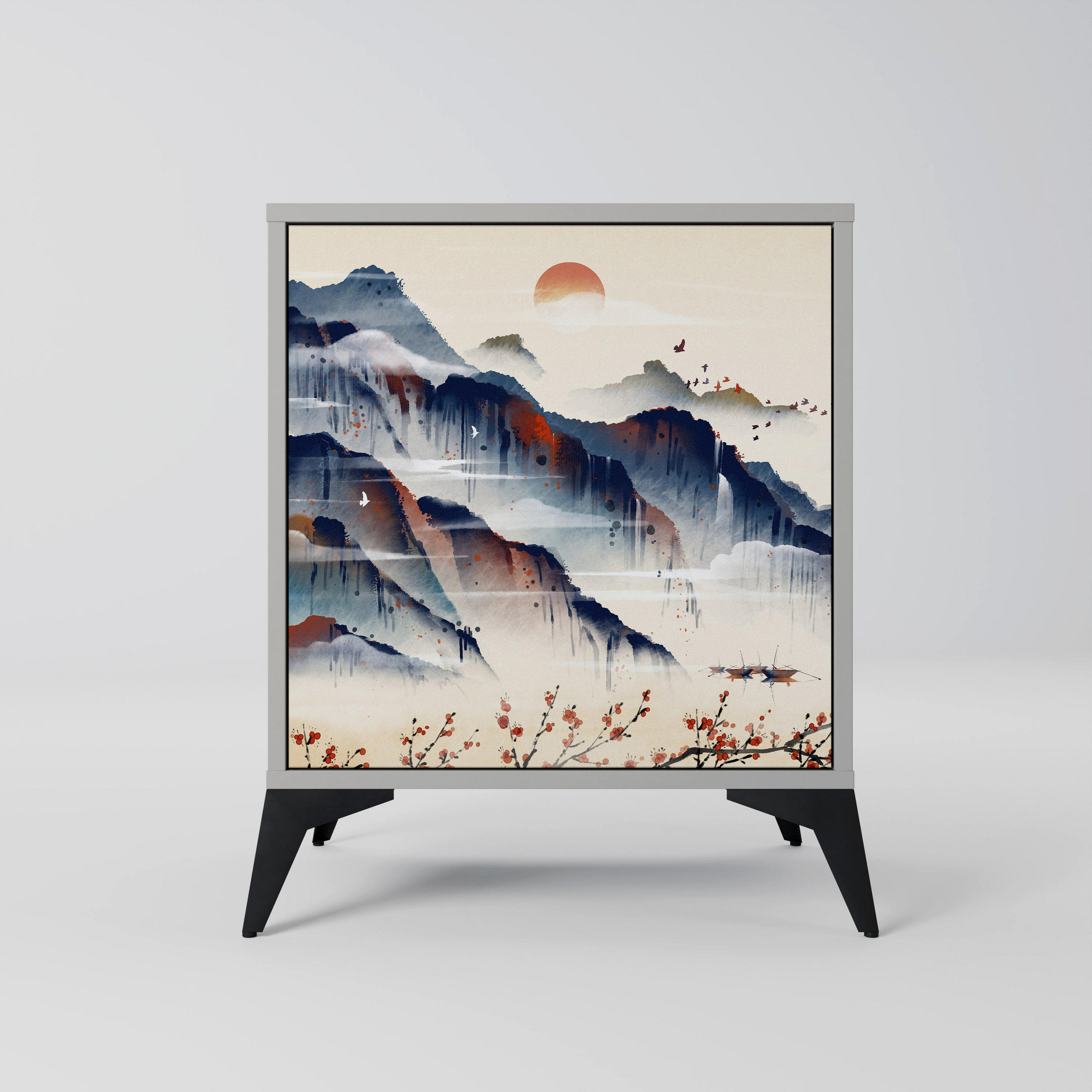 SIDEBOARD JAPANESE LANDSCAPE, Grau, 57,5x42x70,5 cm, Schwarze Metall-Sternfüße - Multicolor/Schwarz, Holzwerkstoff/Metall (57.5/70.5/42cm) - SpaceRebels