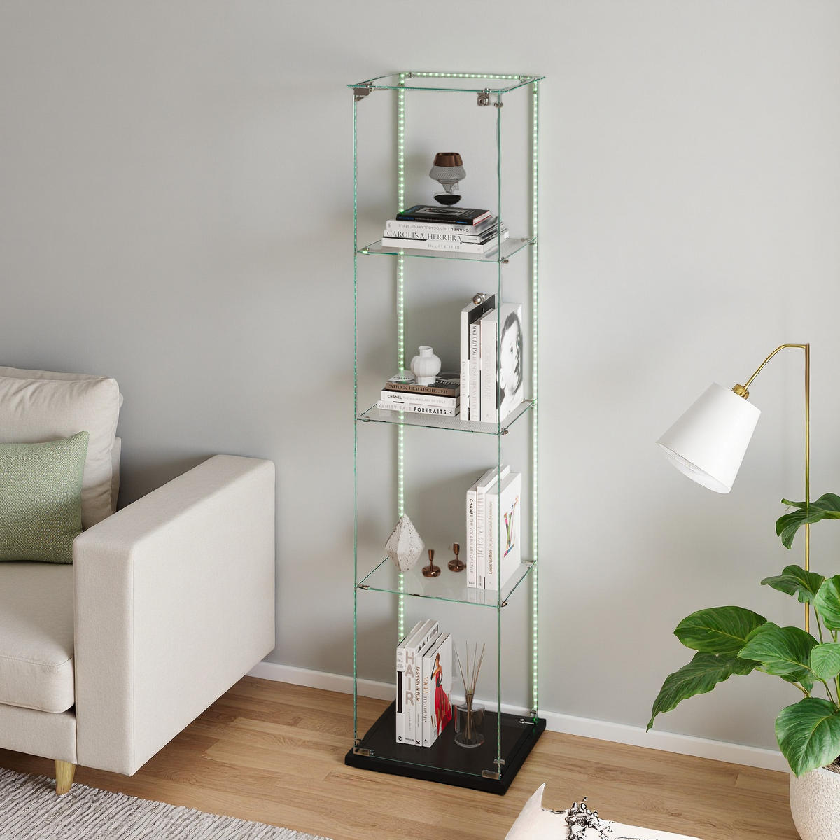 STANDVITRINE mit LED-Spots, 163cm hoch, kompakt & pflegeleicht - Schwarz, Glas (35/163/39.8cm) - SHOPENTRA