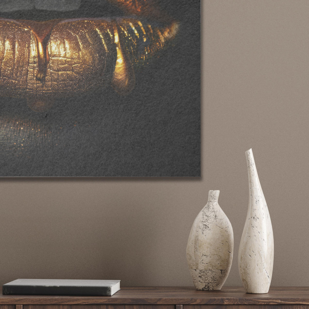 AKUSTIKBILD Frau - Porträt - Lippen - Gold - Schwarz Wandbilder 60x60 cm - Schwarz, Kunststoff (60/60/0.9cm) - MuchoWow