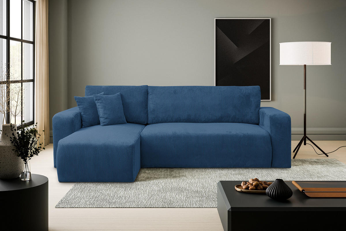 ECKSOFA LUNA mit Schlaffunktion und Bettkasten Cord-Stofff (Blau) - Blau, Textil (244/142cm) - VENASI MÖBEL
