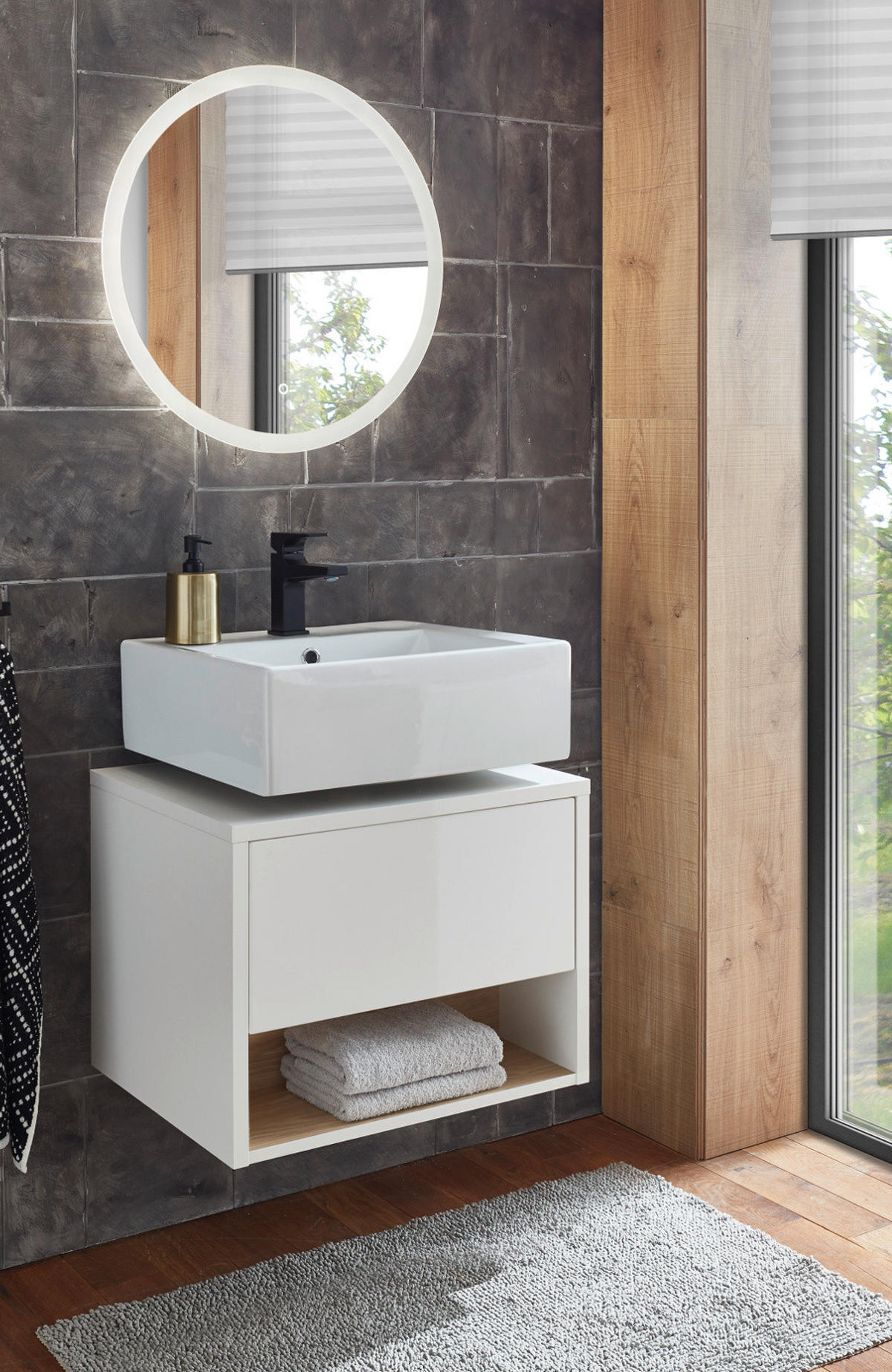 BADMÖBEL-SET 2-teilig weiß Hochglanz, Eiche, Badmöbel mit LED Beleuchtung 60 cm - Weiß Hochglanz, Glas/Holzwerkstoff (60/190/46cm) - Furn.Design