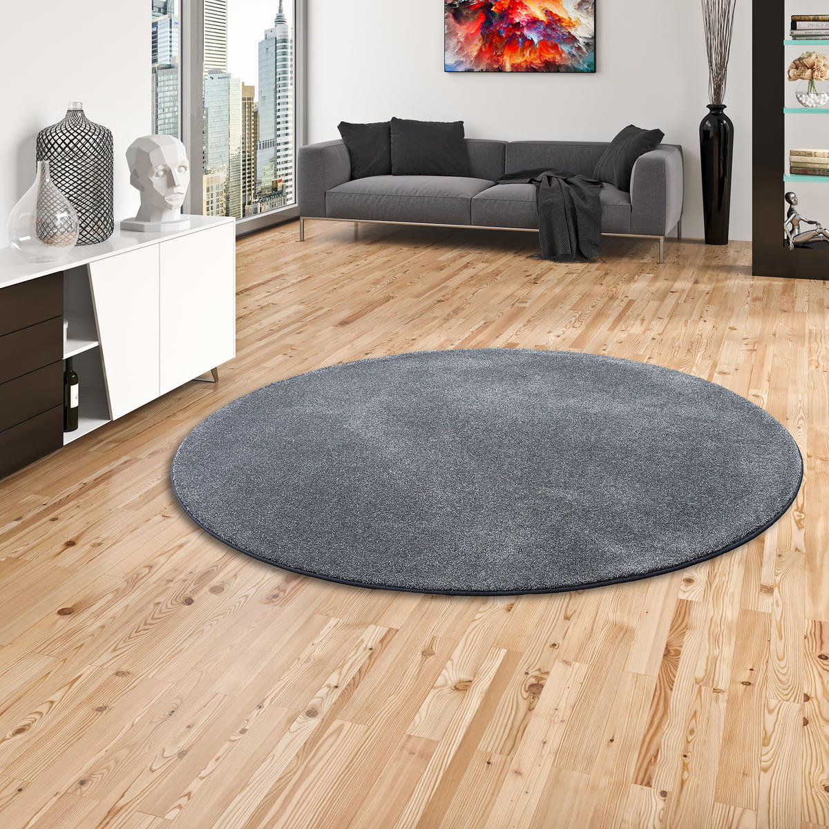 HOCHFLOR LUXUS VELOURS TEPPICH TOUCH RUND - Anthrazit, Textil (100/100cm) - Snapstyle