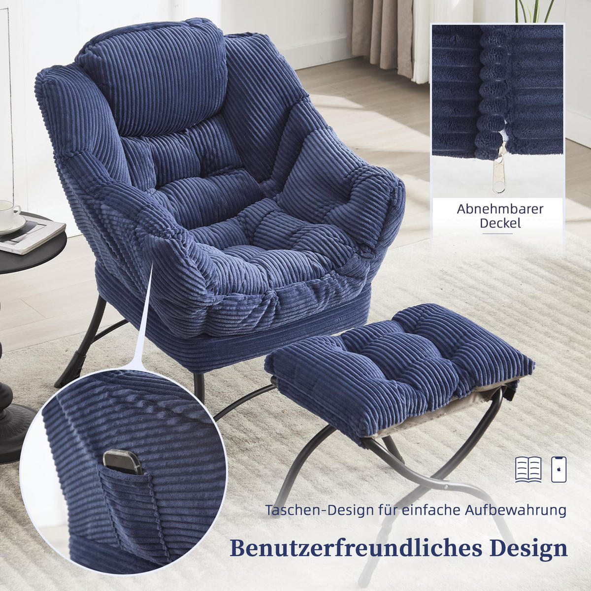 LOUNGESESSEL Relaxsessel mit Hocker,dicke Polsterung,Blau - Blau, Metall (70/95/64cm) - LVHOM