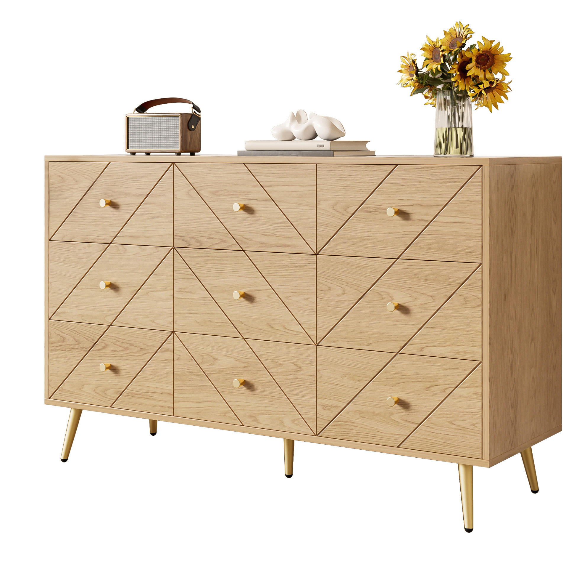KOMMODE 120/39/80 cm mit 9 Schubladen und Eisenbeinen - Naturfarben, Holzwerkstoff (120/80/39cm) - BEAOK