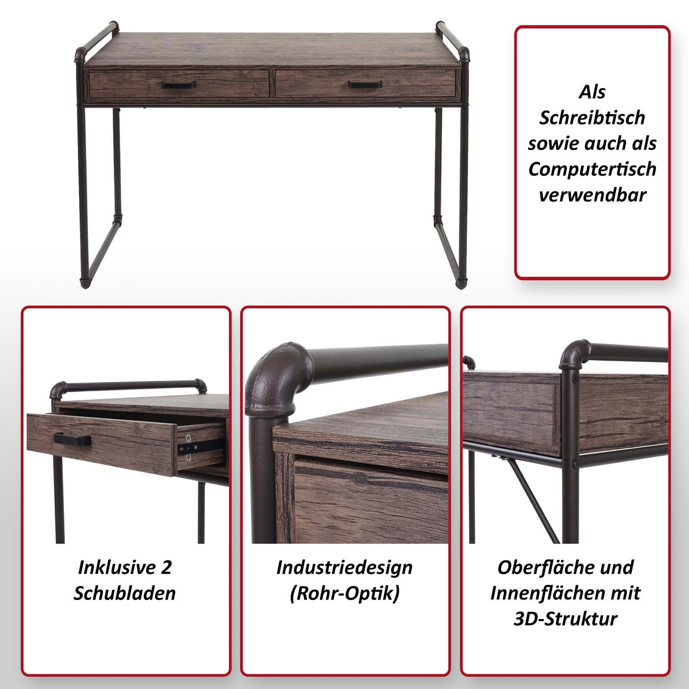 SCHREIBTISCH rechteck Wildeiche Dekor - Wildeiche, Metall (61/117/75cm) - MCW