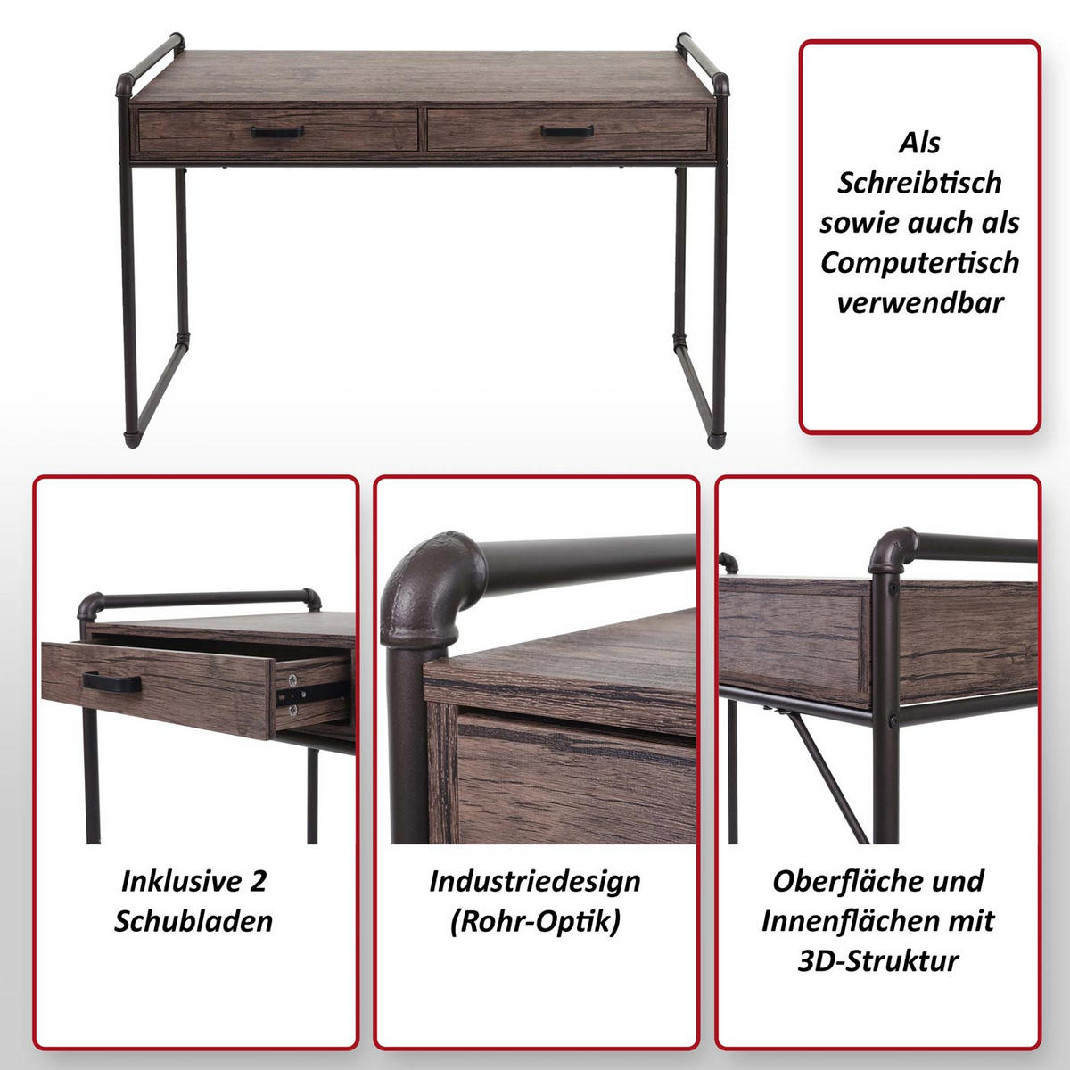 SCHREIBTISCH rechteck Wildeiche Dekor - Wildeiche, Metall (61/117/75cm) - MCW