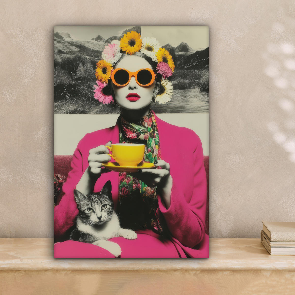 LEINWANDBILD Frau - Katze - Blumen - Tasse - Retro Deko Wohnzimmer 20x30 cm - Magenta, Textil (20/30cm) - MuchoWow