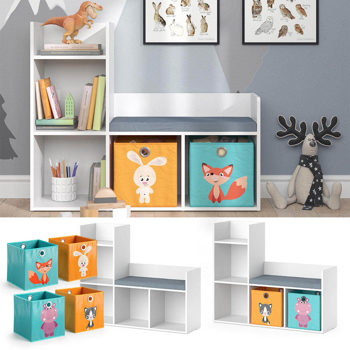 KINDERSITZBANK Luigi Weiß 107.2 x 88.6 cm mit 2 Faltboxen opt.1 - Weiß, Holzwerkstoff (107.2/88.6/30.9cm) - Vicco