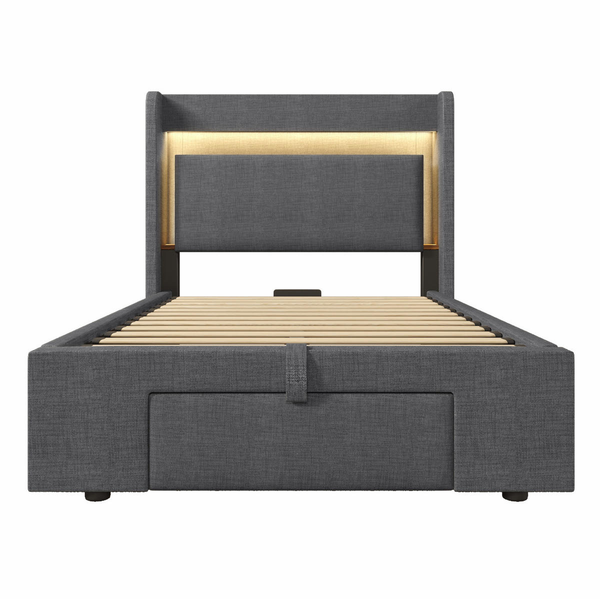 POLSTERBETT aus Leinen 90x200 cm Grau mit Bettkasten, Schublade, LED sowie USB- und USB-C-Anschluss - Grau, Textil (90/200cm) - IVMEU