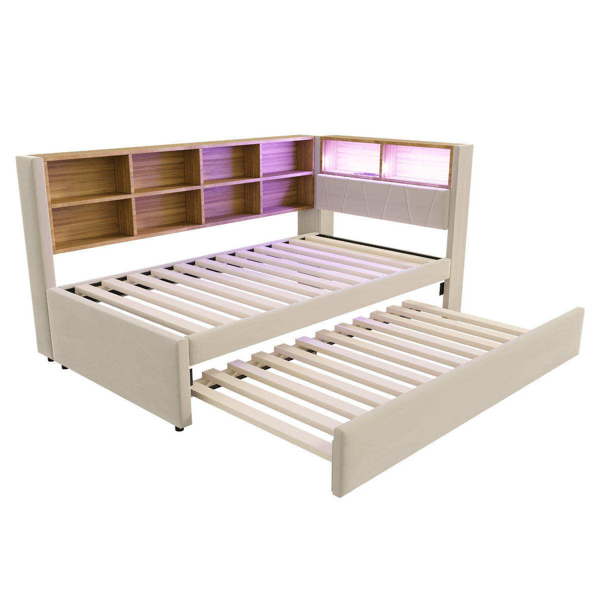 POLSTERBETT mit LED-Beleuchtung 90/200 cm mit Ausziehbett und Stauraum - Beige, Textil (90/200cm) - BEAOK