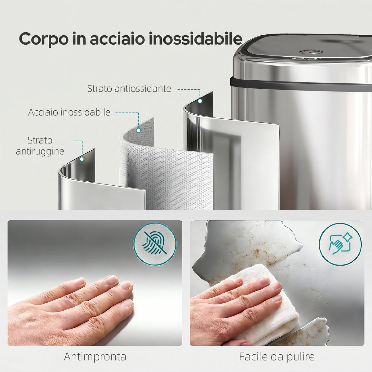 MÜLLEIMER 50L Edelstahl Infrarot Automatisch Silber 40,5/29,5/58 cm - Silberfarben, Metall (29.5/58/40.5cm) - Rolipo