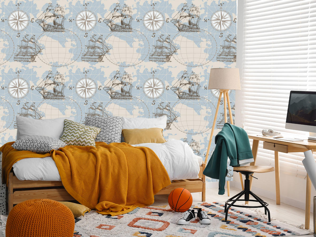 VLIESTAPETE Segelschiffe, Weltkarte und Kompass – Hellblau, Beige – 50x1000 cm - Beige/Hellblau, Papier (50/1000cm) - Muralo