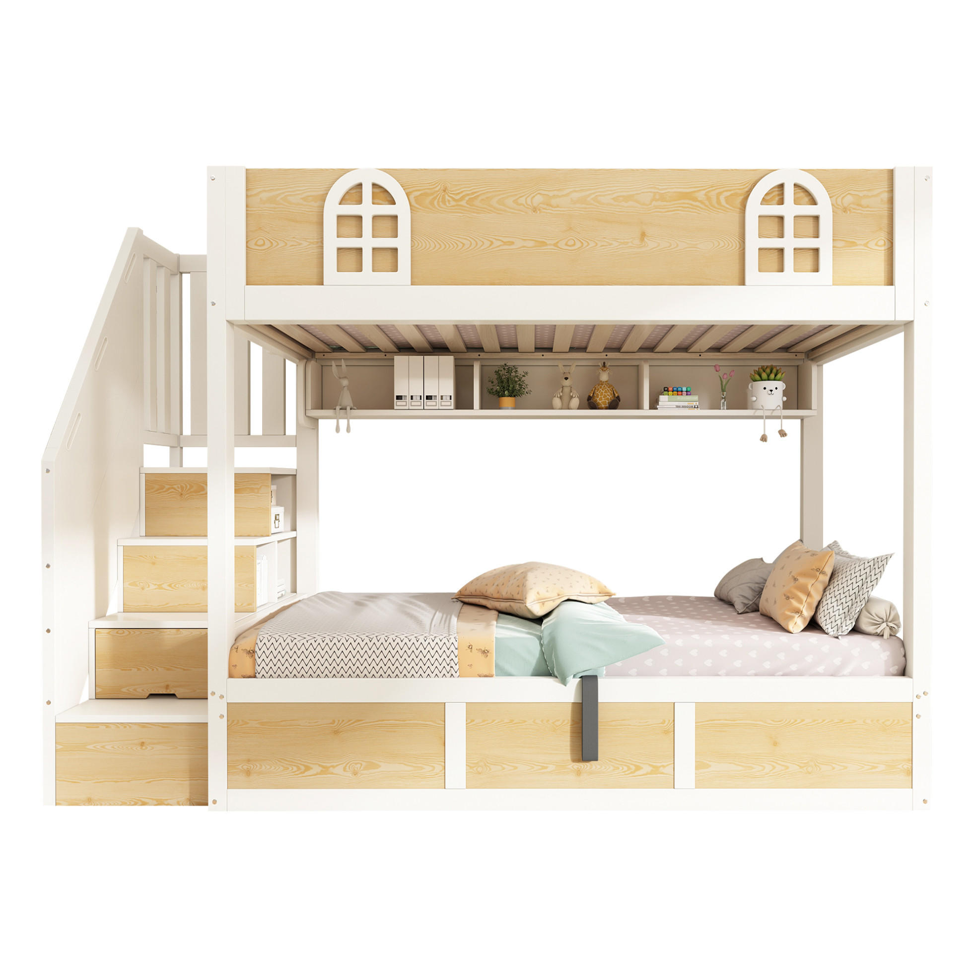 ETAGENBETT 90/200 cm Weiß und Natur aus Metall mit Treppenschrank - Naturfarben, Holzwerkstoff (90/200cm) - OKWISH