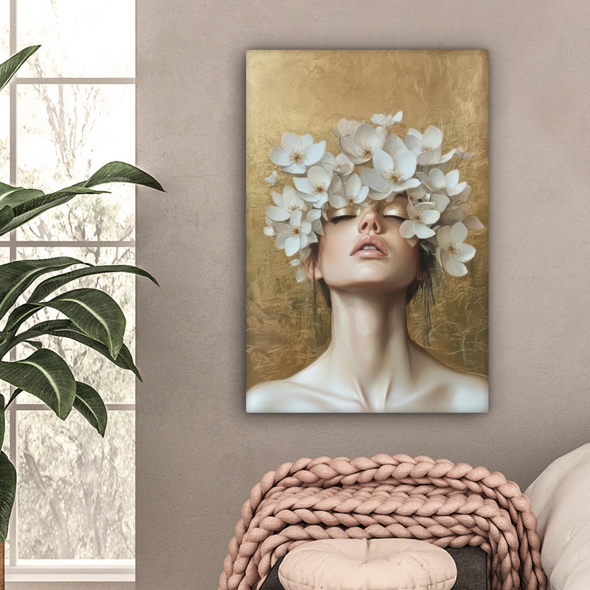 LEINWANDBILD Gesicht - Blumen - Gold - Abstrakt Wanddeko Schlafzimmer 60x90 cm - Goldfarben, Textil (60/90cm) - MuchoWow