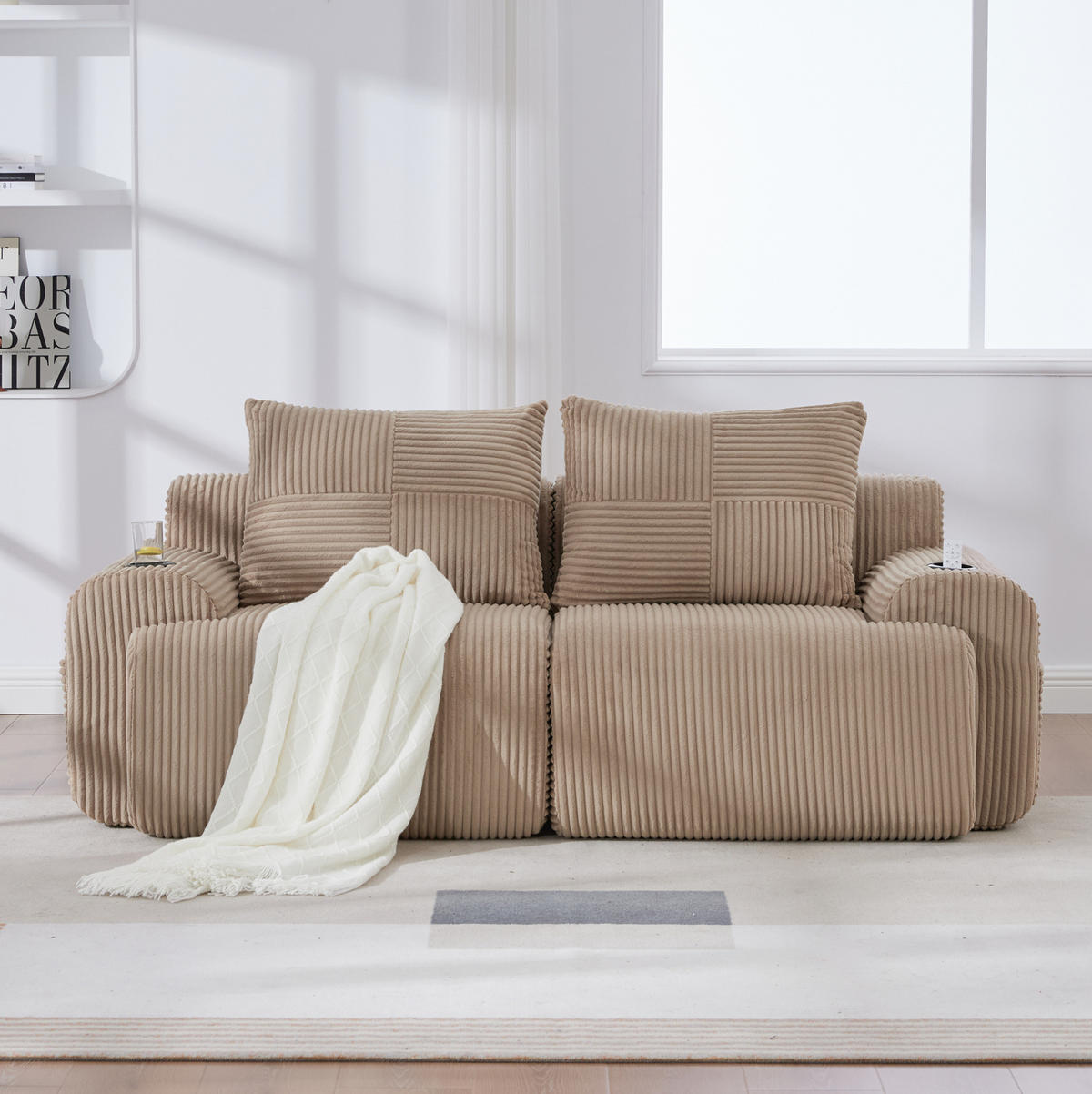 2-SITZER Sofa Cord mit Getränkehalter und Seitentasche 200/99/80 cm Sandfarben - Sandfarben, Textil (99/80/200cm) - Redom