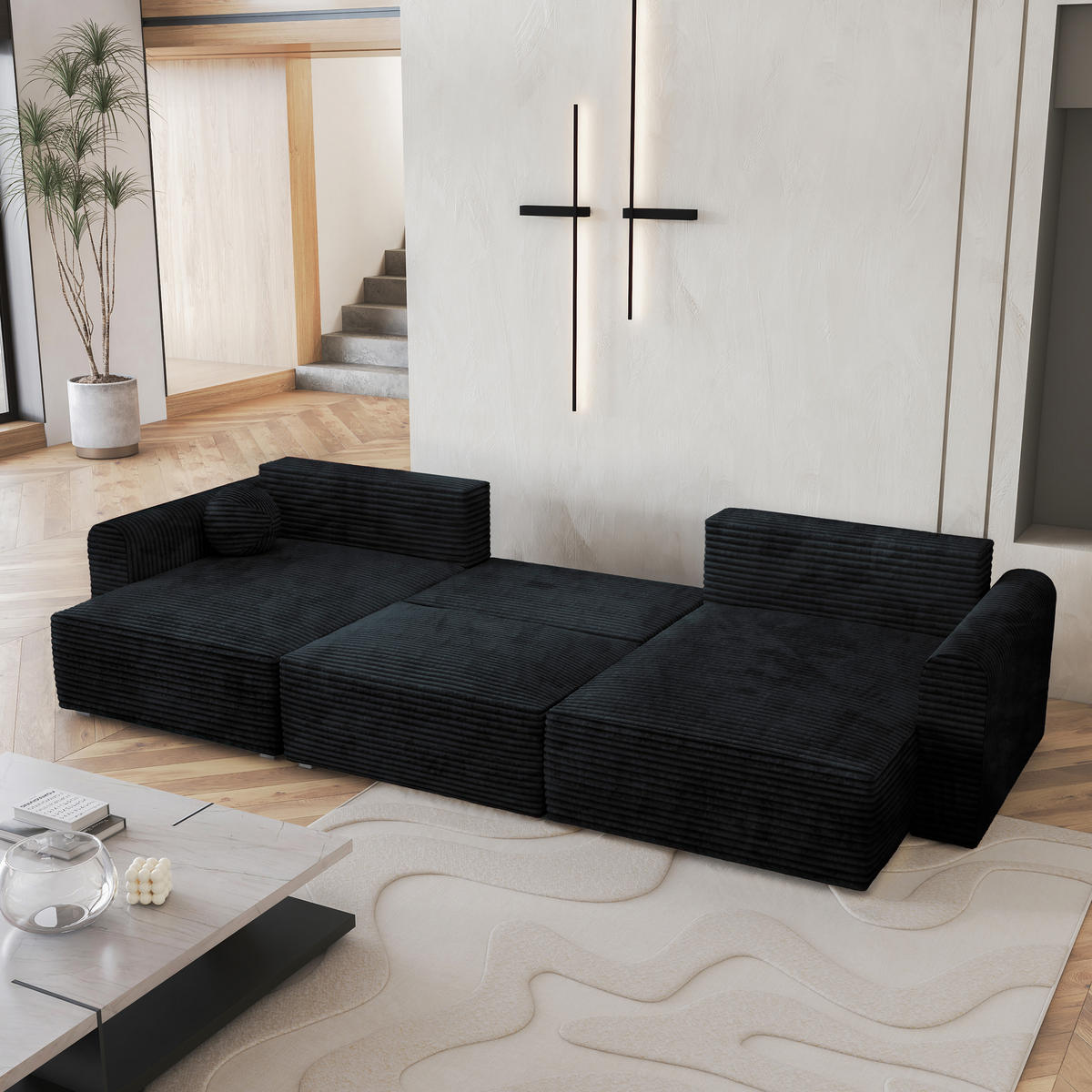 WOHNLANDSCHAFT FENTO Schwarz Kordstoff mit Schlaffunktion - Schwarz, Holz (347/90/148cm) - MASSENO