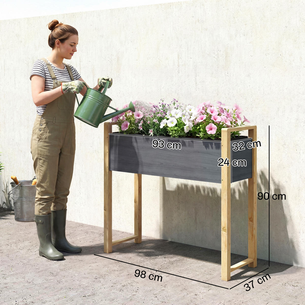 HOCHBEET DE-12316 mit Beinen, 98/37/90 cm, 4 Drainagelöcher Grau - Grau, Holz (98/90/37cm) - ComfortXL