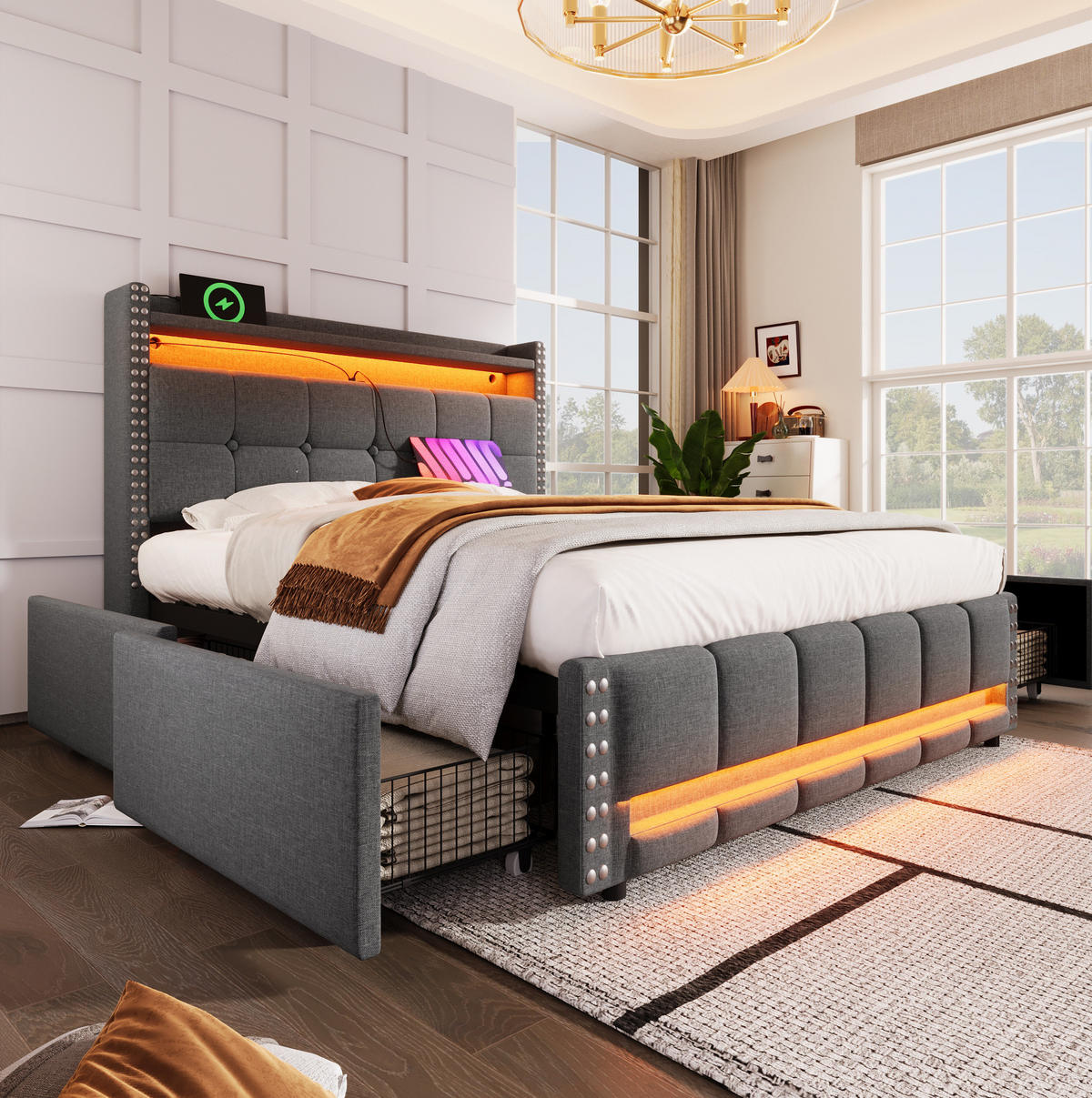 POLSTERBETT mit Stauraum und LED 140x200 cm Grau - Grau, Metall (140/200cm) - Meubliv