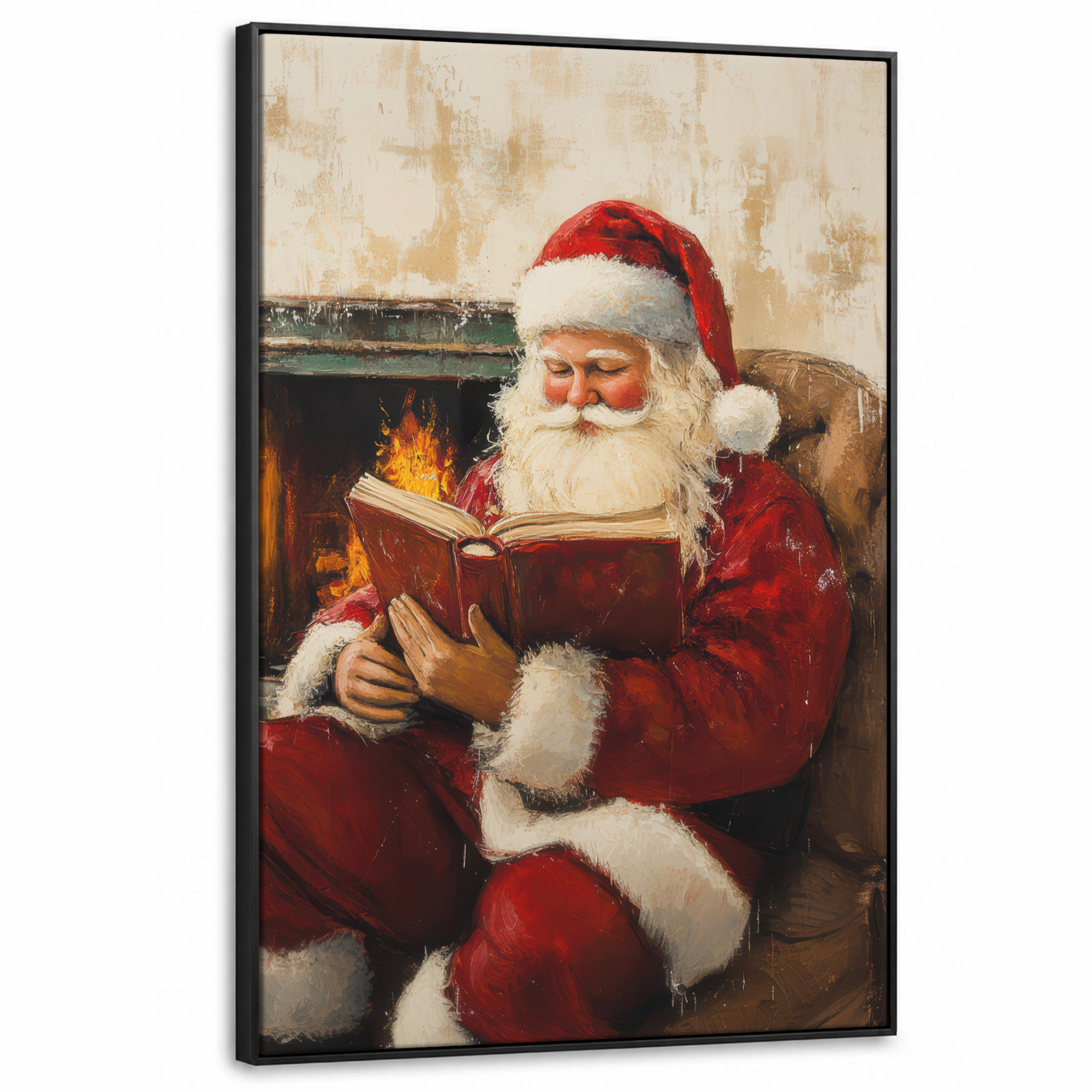 LEINWAND Bilder mit Rahmen - Weihnachten - Weihnachtsmann - Winter - Open Fireside - 100x150 - Dunkelrot, Textil (100/150cm) - MuchoWow
