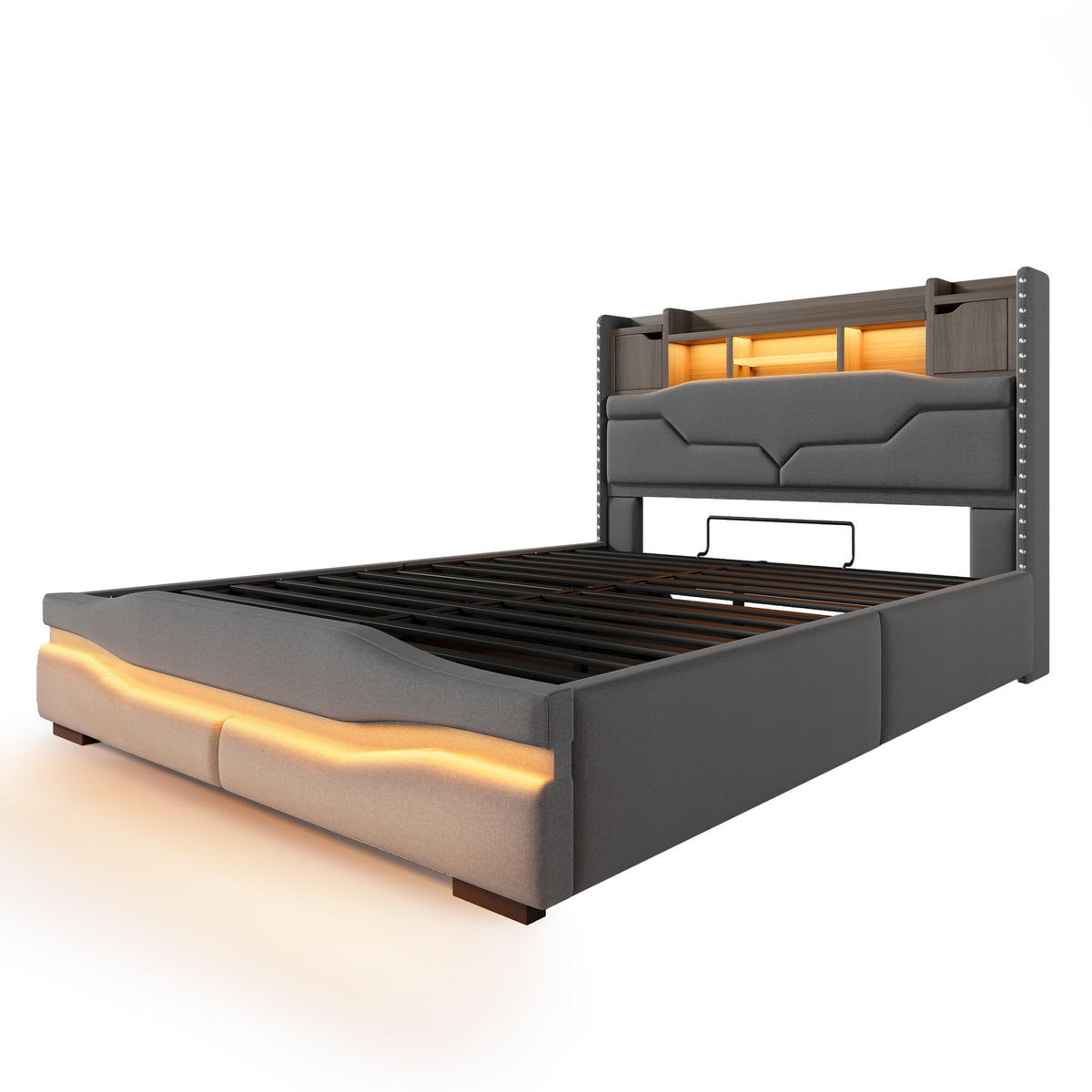 POLSTERBETT 140x200cm Grau USB-C LED-Licht Kopfteil Hydraulik - Grau, Holz (140/200cm) - FLIEKS