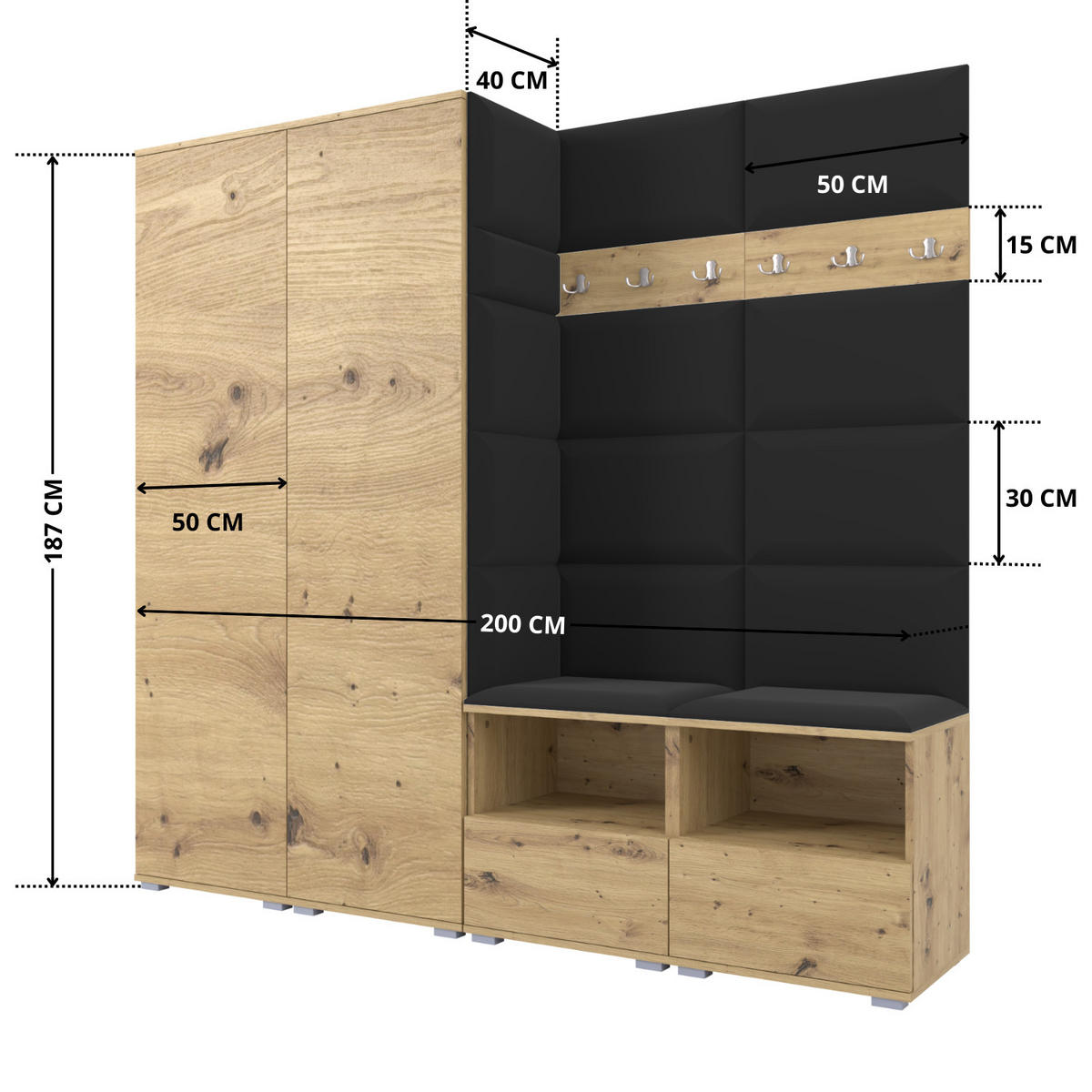 GARDEROBE NELA VI 200 cm (Kompaktgarderobe Artisan Eiche mit Sitzpolster Schwarz 16 Schrank & Paneel) - Silberfarben/Schwarz, Holz/Holzwerkstoff (200/187/40cm) - Ravio
