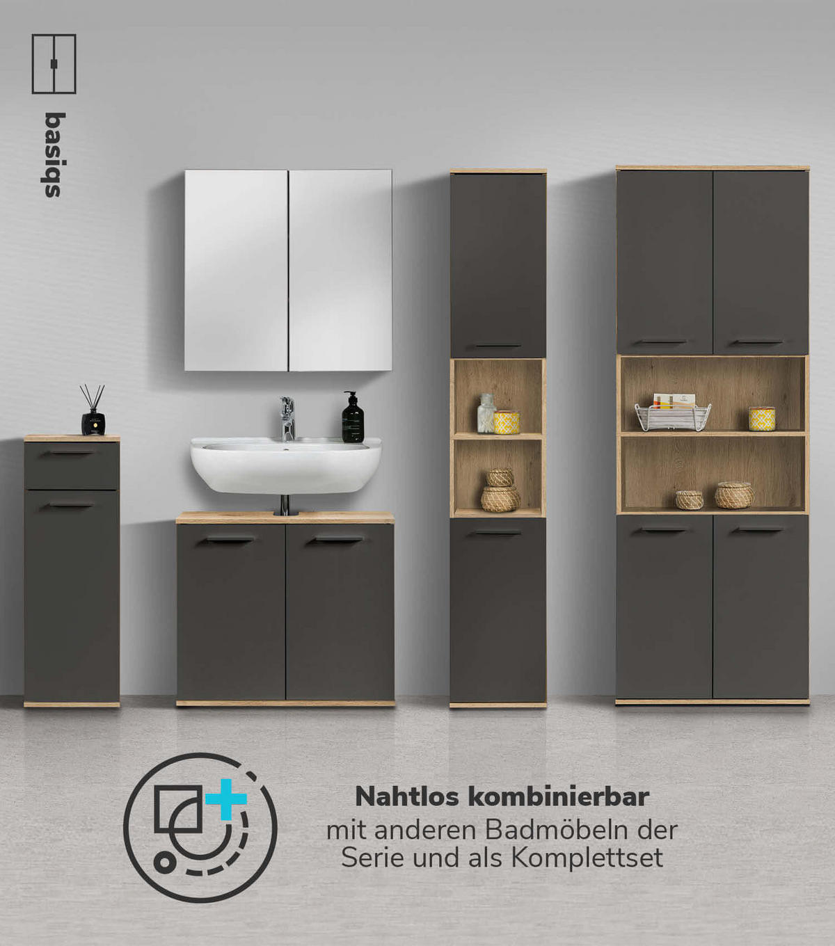 BAD HOCHSCHRANK Der Kapitän - Anthrazit, Holzwerkstoff (65/180/34cm) - Mokebo
