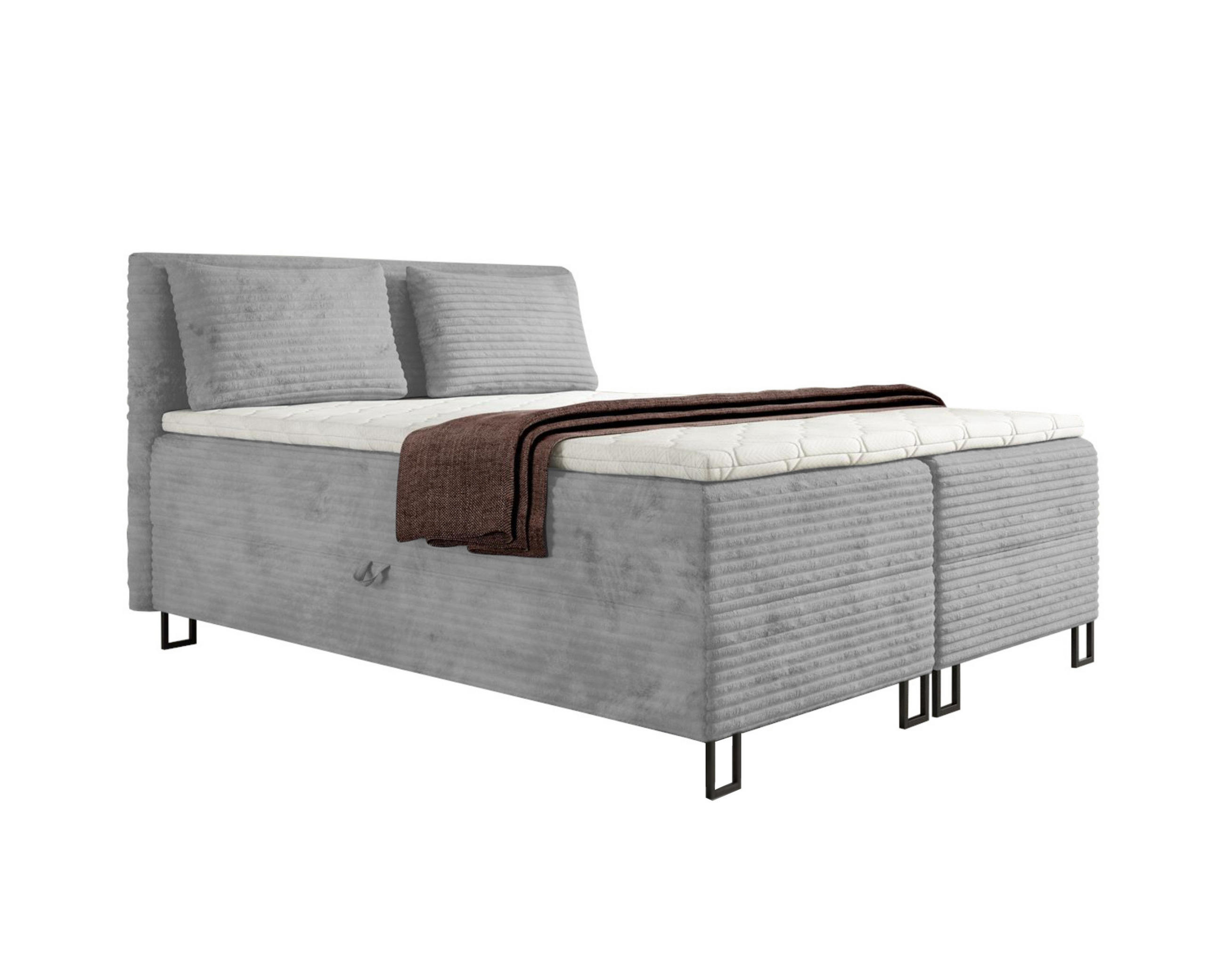 BOXBETT TEXAS 140/200 in Cord Hellgrau mit Taschen-Federkernmatratzen 7 Zonen H4 - Hellgrau, Holz/Holzwerkstoff (140/200cm) - Deine Möbel 24