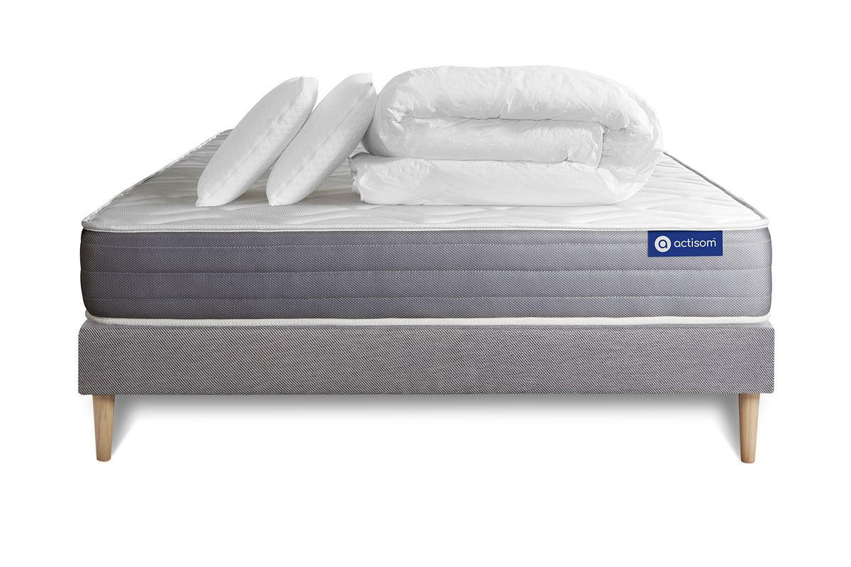 BETT Actiflex dream Taschenfederkern und Memory-Schaum 200 x 200 cm h1 - Kit Bettgestell Grau - Mit Kissen und Bettdecke - Beige/Grau, Karton/Holz (200/200cm) - ACTISOM