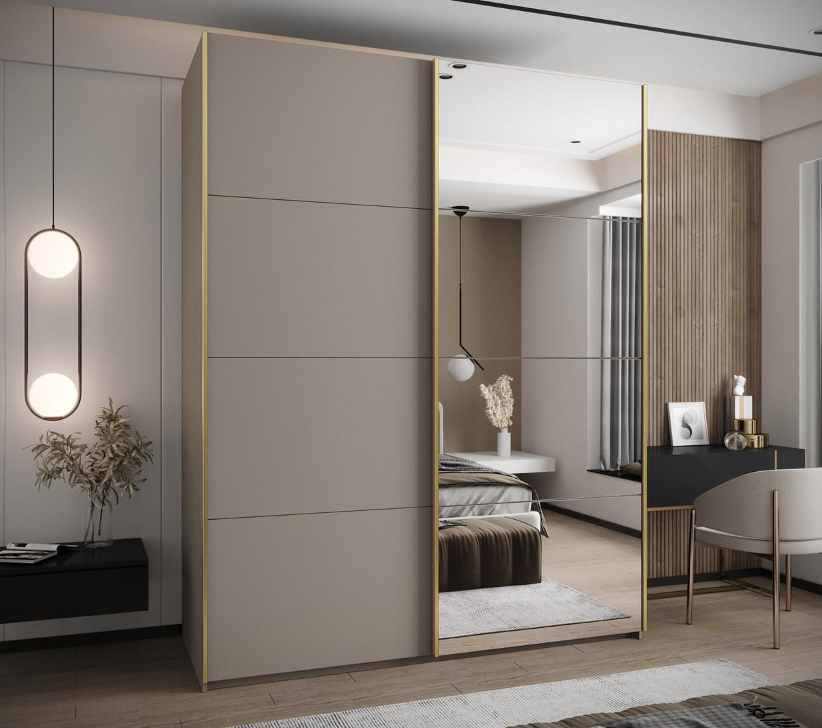 SCHWEBETÜRENSCHRANK 245,5/200/64 2-türig - Kaschmir/Goldfarben, Holz/Metall (200/245/64cm) - Abiks Möbel