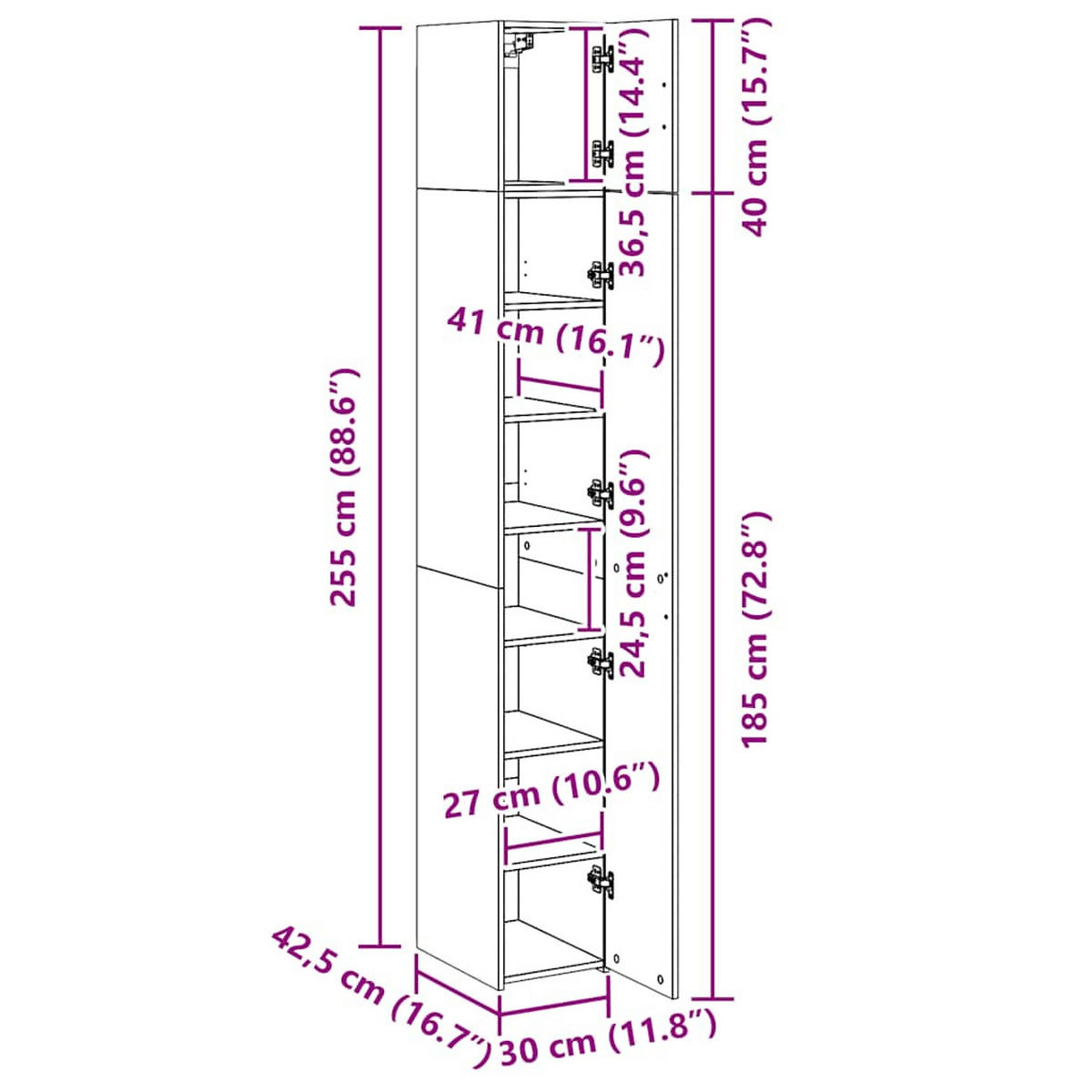 HOCHSCHRANK Schmal Weiss 30/42.5/225 Cm Holzwerkstoff - Weiß, Holzwerkstoff (42.5/225/30cm) - vidaXL