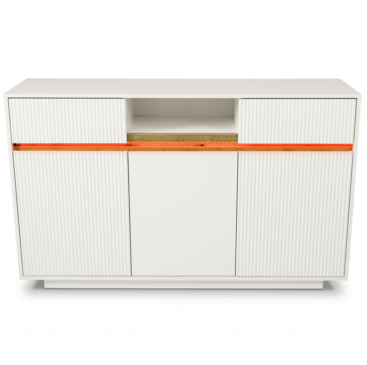 SIDEBOARD aus MDF und Spanplatte 140x40x85 cm Weiß mit LED-Beleuchtung, 2 Schubladen und verstellbaren Einlegeböden - Weiß, Holzwerkstoff (140/85/40cm) - Modfu