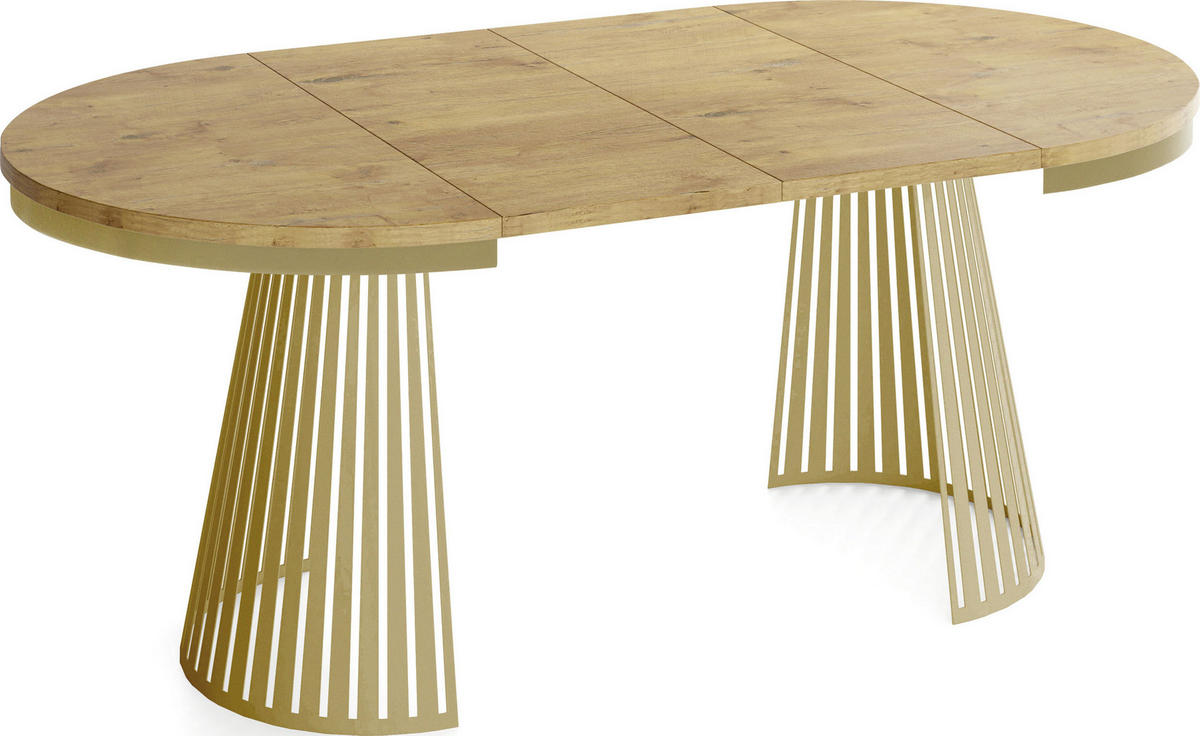 ESSTISCH Naro rund ausziehbar mit Goldem Lamellen-Metallgestell, Eiche Hell Braun 100-180/100/76 cm - Eichefarben/Goldfarben, Holzwerkstoff/Metall (100/100/76cm) - WFL GROUP
