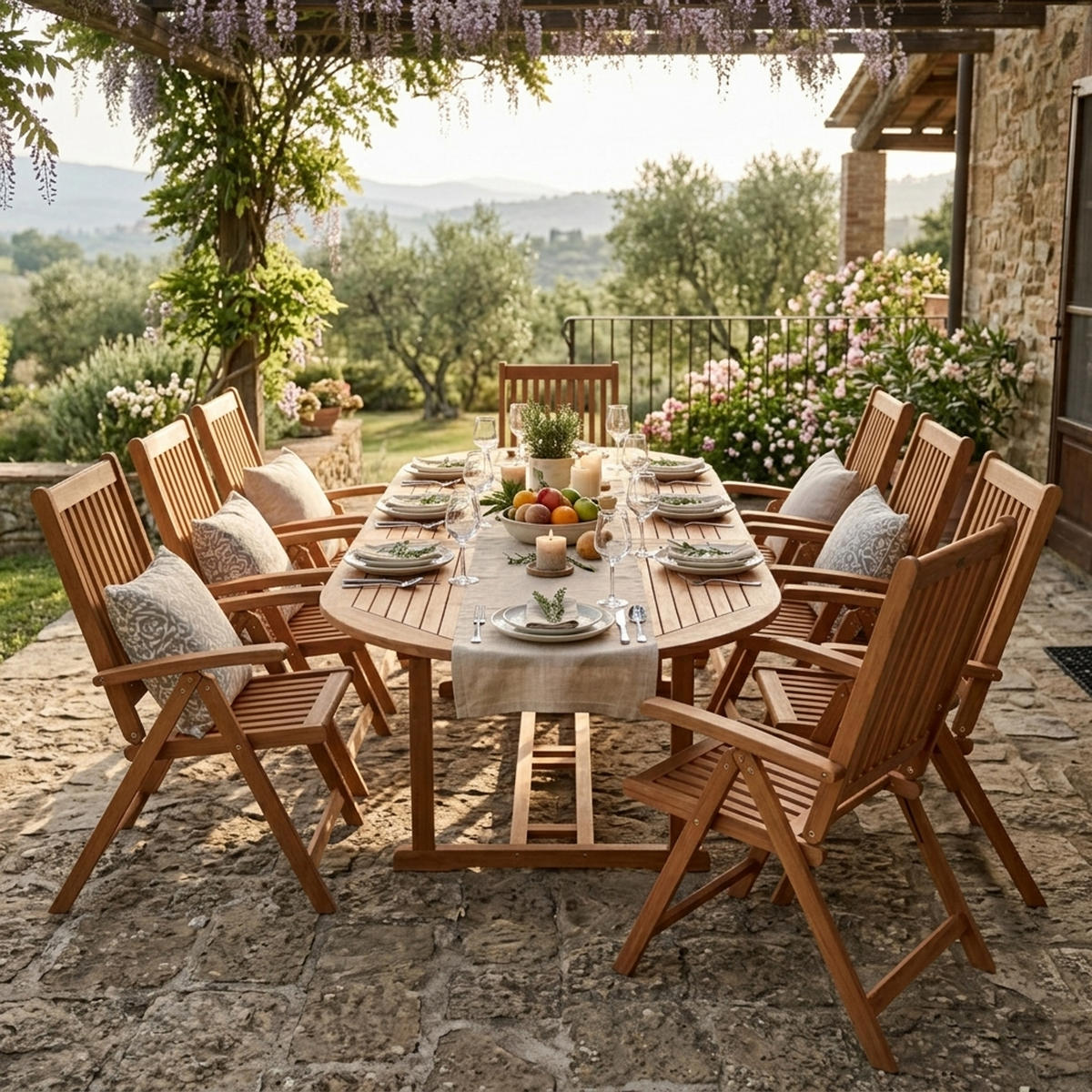 GARTEN-GARNITUR Lago Newtonnabbey - 7-teilige Garten-Essgruppe (6x Klappsessel Eukalyptus geölt, 1x Ausziehtisch 180/260x100cm, Eukalyptus - Braun, Holz - TPFGarden