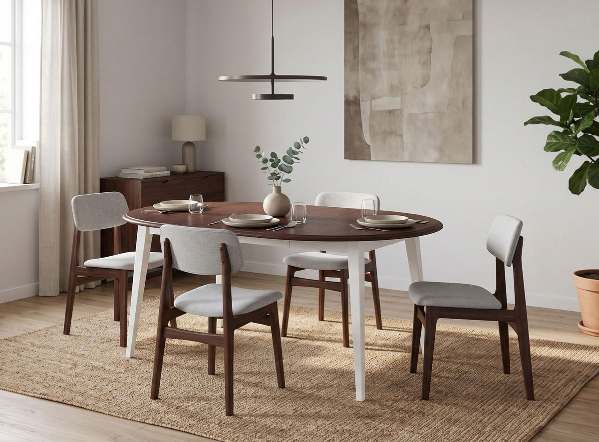 ESSTISCH Belluno Elegante Kiefer weiß (RAL9010) lackiert / Kiefer gebeizt, Nussbaumfarben 110-160 / 110 / 74,5cm - Nussbaumfarben/Weiß, Holz (110/160/75cm) - Feldmann-Wohnen