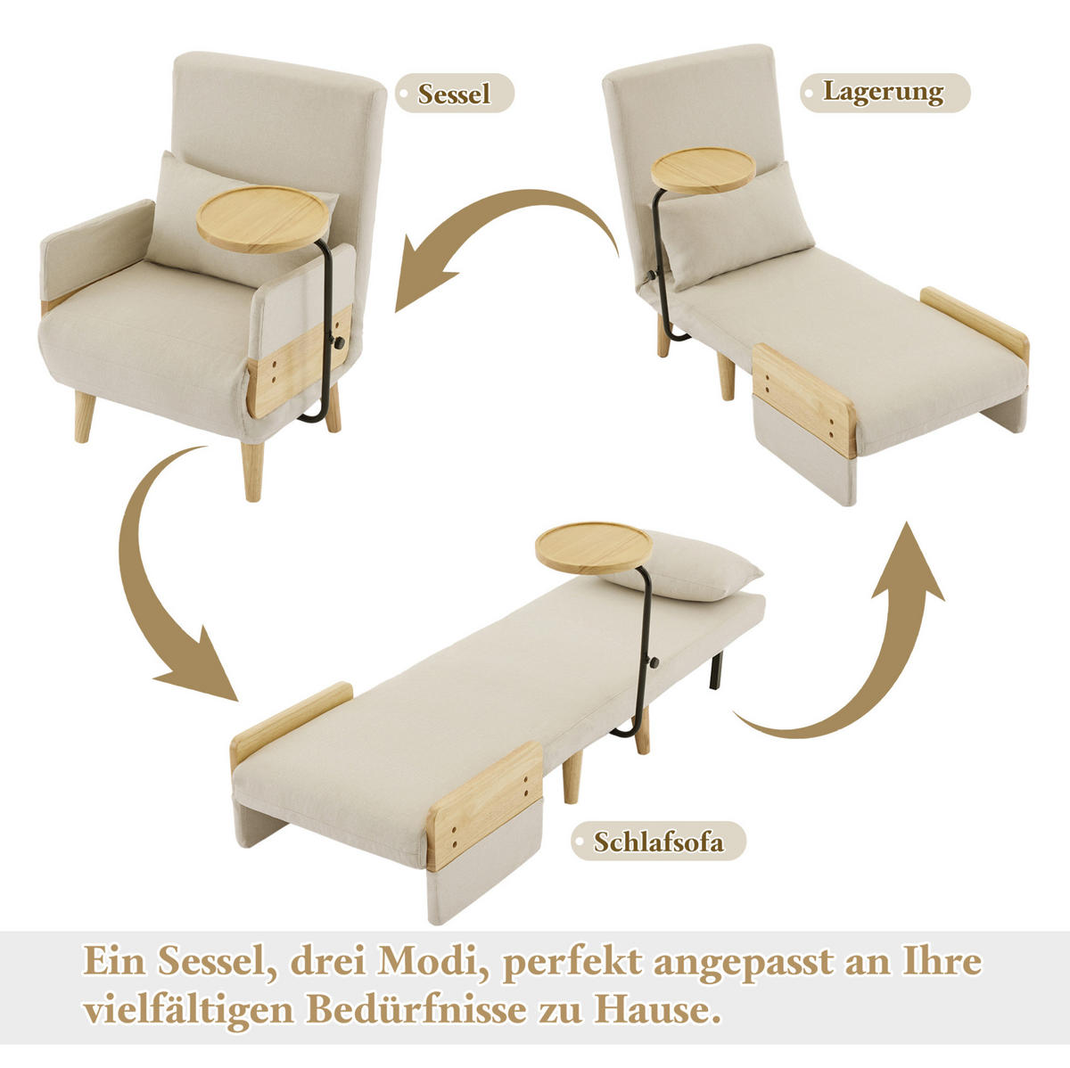 SESSEL 88/74,5/66 cm mit Schlaffunktion und Holztablett in Beige - Beige, Textil (88/74.5/66cm) - BEAOK