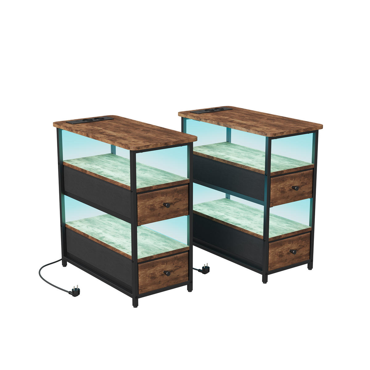 NACHTTISCH LED USB 2 Schubladen 2 Fächer Vintage braun - Braun, Holz (58/28/60.5cm) - LEBENLANG