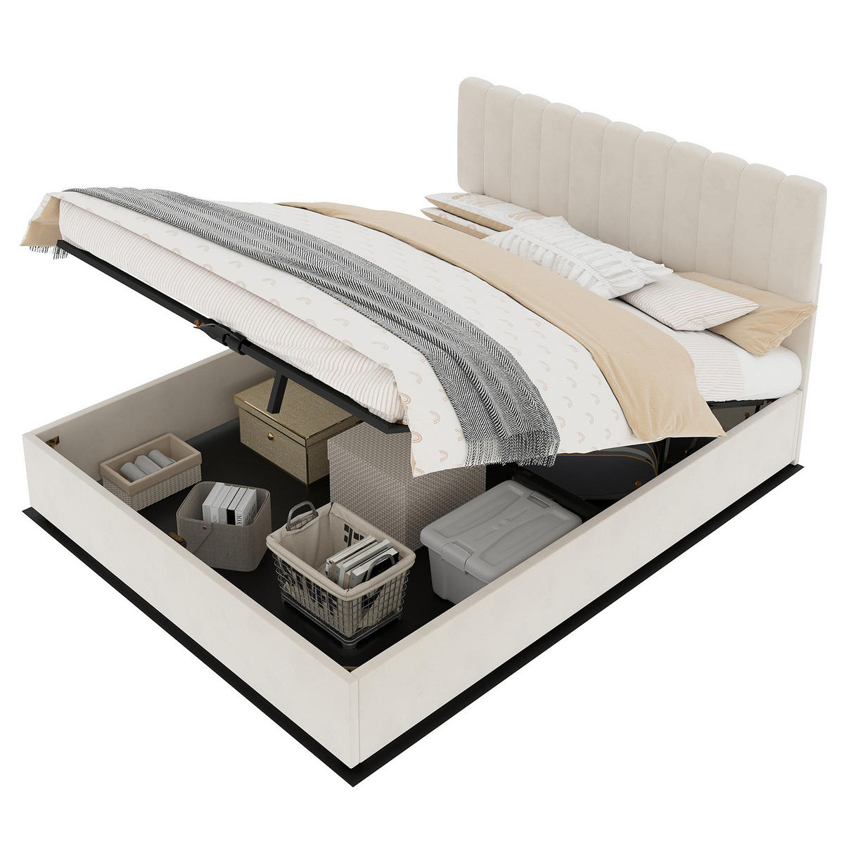 POLSTERBETT 140/200 cm beige aus Stoff und Metall mit gepolstertem Kopfteil - Beige, Textil (140/200cm) - OKWISH