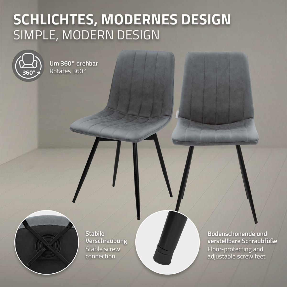 ESSZIMMERSTÜHLE 2er Set drehbar Küchenstühle gepolstert aus Kunstleder Anthrazit - Anthrazit/Schwarz, Textil/Metall (43/81/52cm) - ML-DESIGN