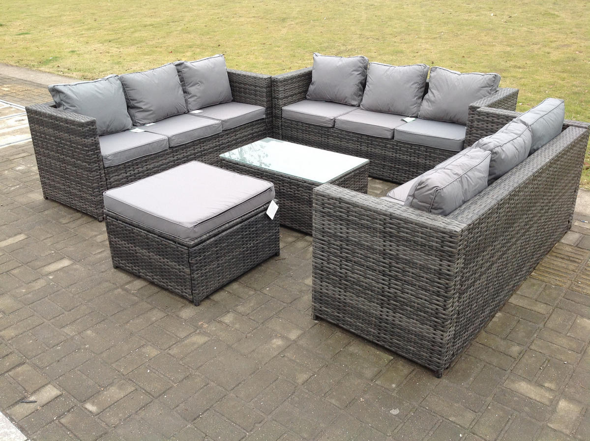 GARTENSET Polyrattan 10-Sitzer - Dunkelgrau/Grau, Glas/Kunststoff - Fimous