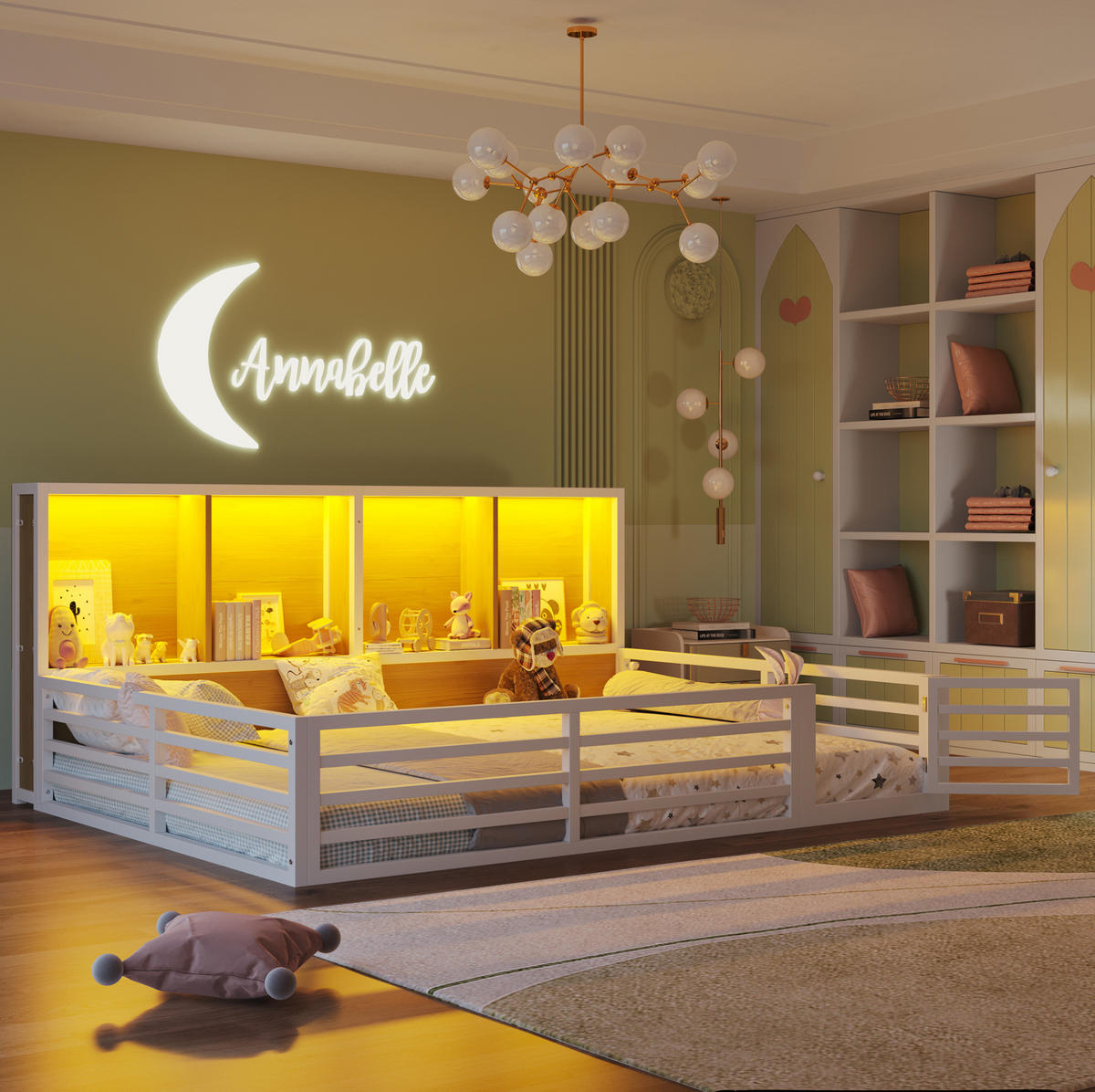 KINDERBETT Tagesbett 140/200 cm aus Metall und MDF mit Stauraumfächern und LED-Beleuchtung Weiß - Weiß, Holzwerkstoff (140/200cm) - Modenvie